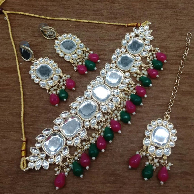 Anjali Jewellery Gold Plated Kundan Stone And Beads Choker Necklace Set