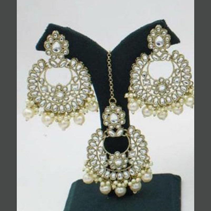 Anjali Jewellery Gold Plated Crystal Stone Pearl And Beads Earrings With Mangtikka