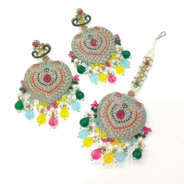 Anjali Jewellery Gold Plated Crystal Stone And Pearls Dangler Earrings With Maangtikka