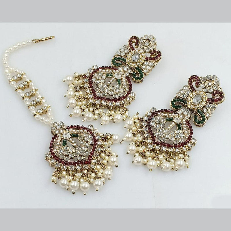 Anjali Jewellery Gold Plated Crystal Stone And Pearls Dangler Earrings With Maangtikka