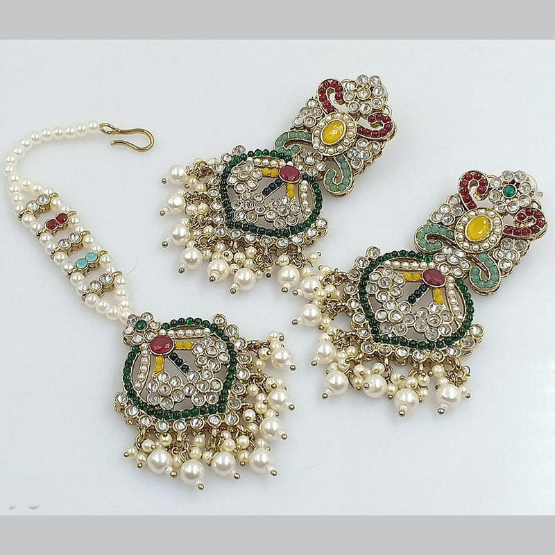 Anjali Jewellery Gold Plated Crystal Stone And Pearls Dangler Earrings With Maangtikka