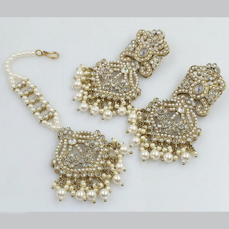 Anjali Jewellery Gold Plated Crystal Stone And Pearls Dangler Earrings With Maangtikka