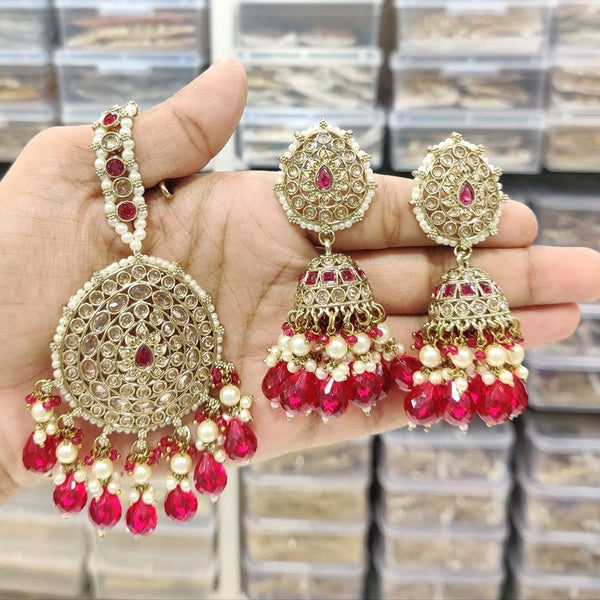 Anjali Jewellery Gold Plated Crystal Stone And Pearls Jhumki Earrings With Maangtikka