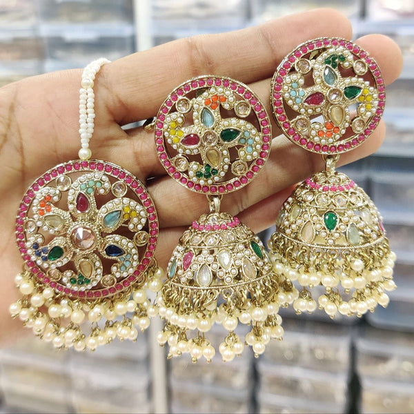 Anjali Jewellery Gold Plated Crystal Stone And Pearls Jhumki Earrings With Maangtikka