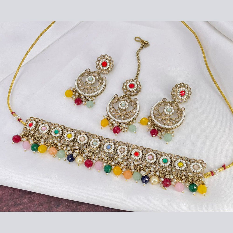 Anjali Jewellery Gold Plated Crystal Stone And Beads Choker Necklace Set