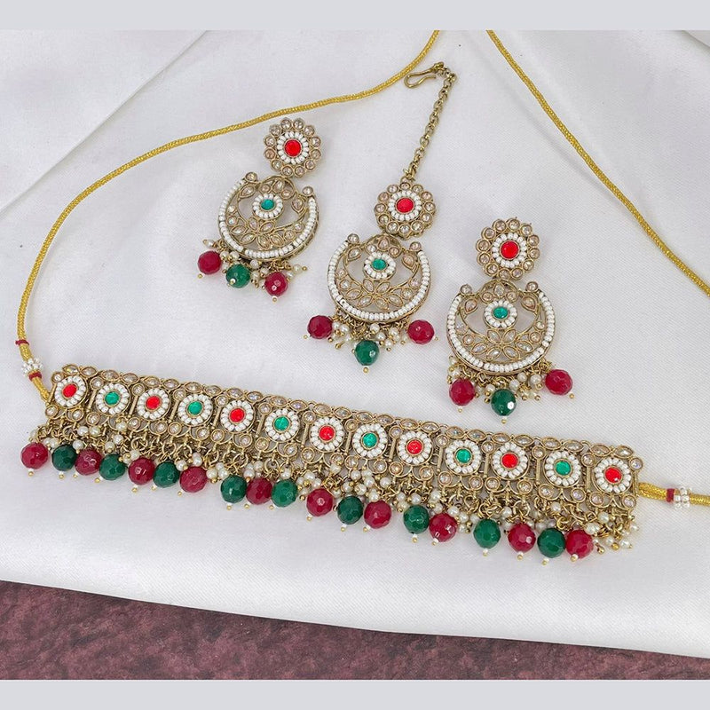 Anjali Jewellery Gold Plated Crystal Stone And Beads Choker Necklace Set