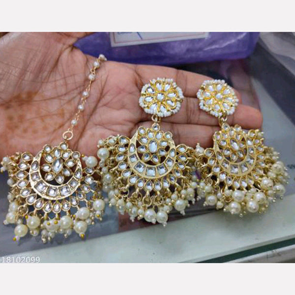 Anjali Jewellery Gold Plated Kundan Stone And Pearls Dangler Earrings With Maangtikka