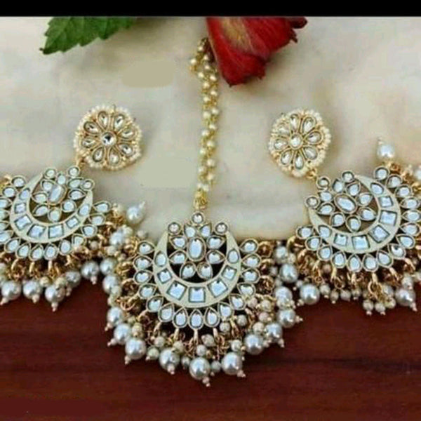 Anjali Jewellery Gold Plated Kundan Stone And Pearls Dangler Earrings With Maangtikka