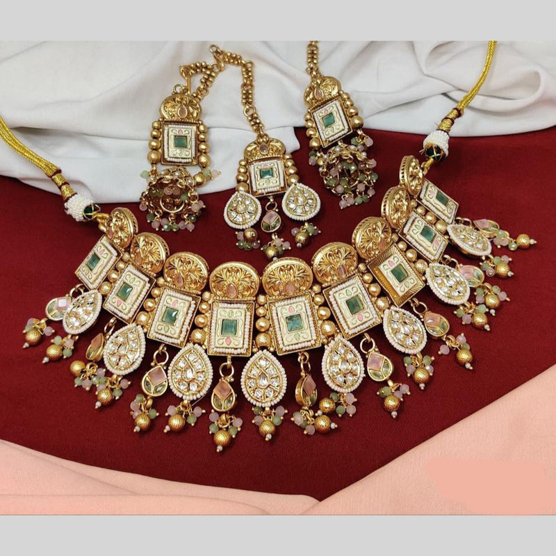 Anjali Jewellery Gold Plated Pota Stone And Meenakari Beads Choker Necklace Set