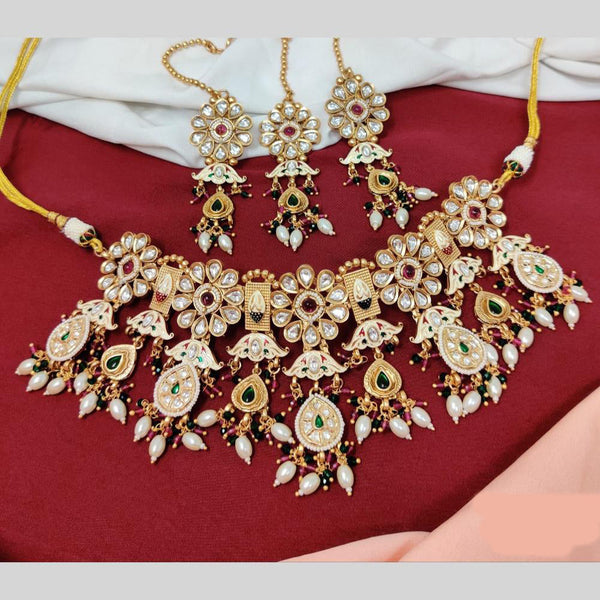 Anjali Jewellery Gold Plated Pota Stone And Meenakari Beads Choker Necklace Set