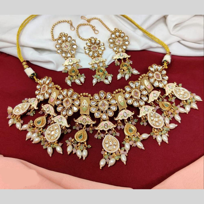 Anjali Jewellery Gold Plated Pota Stone And Meenakari Beads Choker Necklace Set