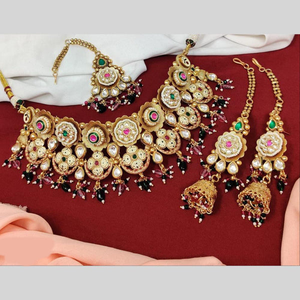 Anjali Jewellery Gold Plated Pota Stone And Meenakari Beads Choker Necklace Set