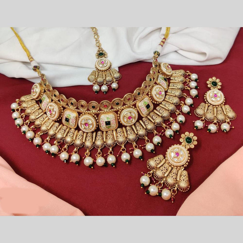 Anjali Jewellery Gold Plated Pota Stone And Meenakari Beads Choker Necklace Set