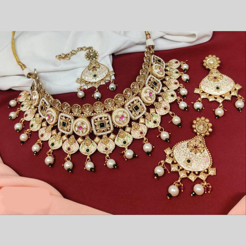 Anjali Jewellery Gold Plated Pota Stone And Meenakari Beads Choker Necklace Set