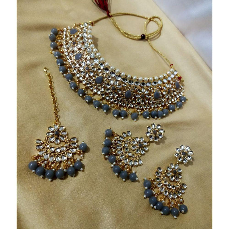 Anjali Jewellery Gold Plated Kundan Stone And Beads Choker Necklace Set