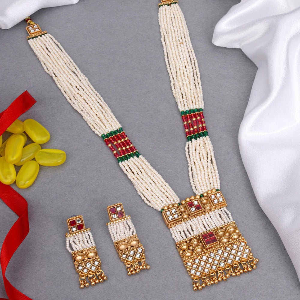 Kalpna Sales Exclusive Designer Gold Plated Kundan And Pearl Long Necklace Set