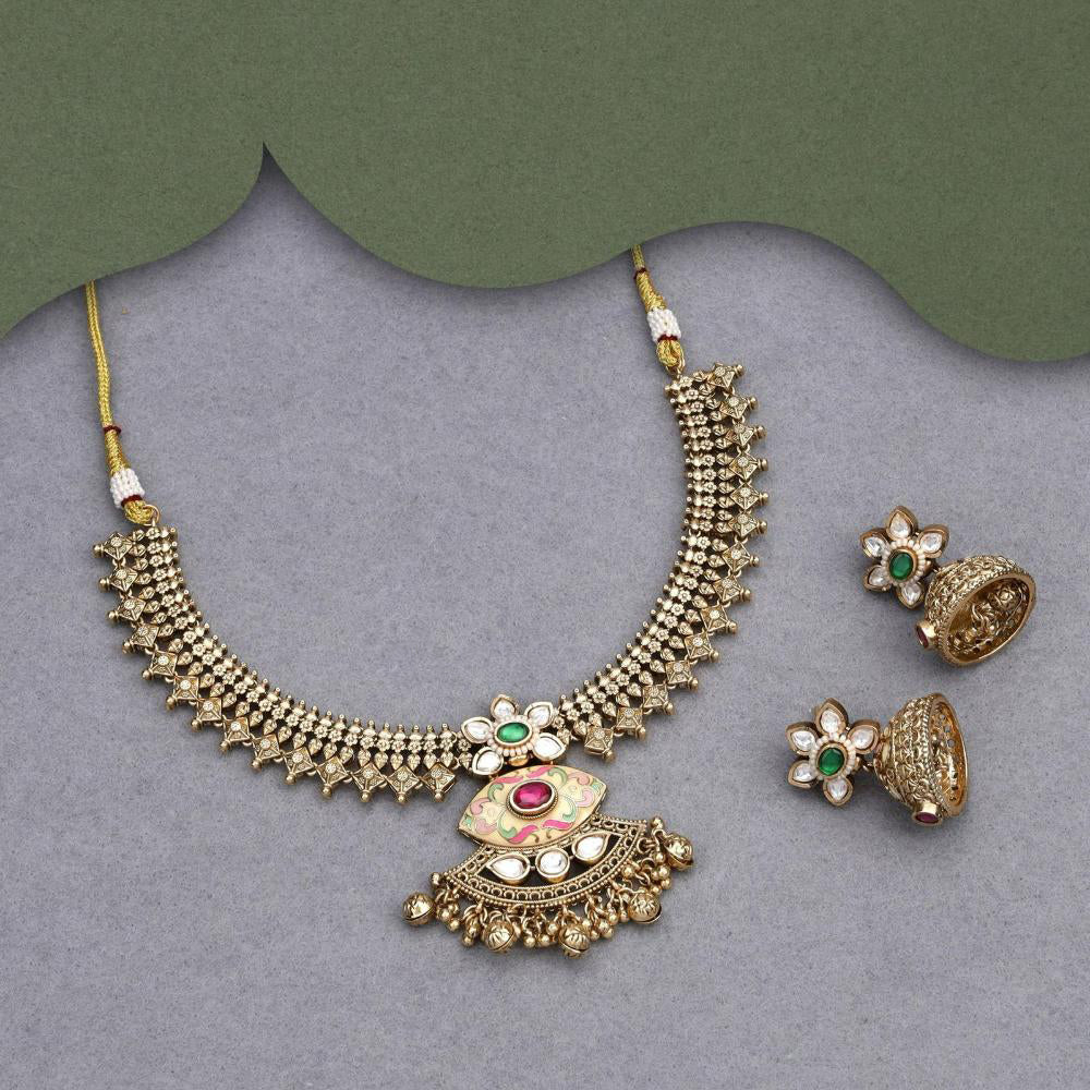 Kalpna Sales Surat Gold Plated Pota Stone And Meenakari Necklace Set