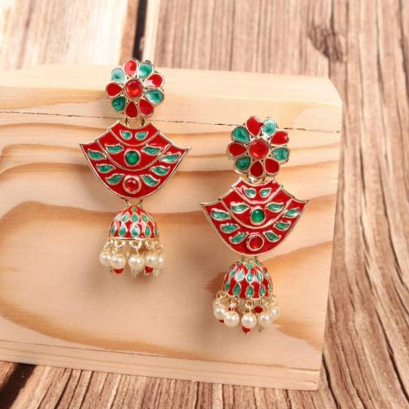 Indian Imitation Jewellery Gold Plated Crystal Stone And Meenakari Jhumki