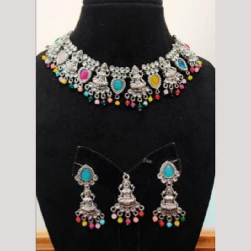 Indian Imitation Jewellery Oxidised Plated Crystal Stone And Pearls Temple Necklace Set