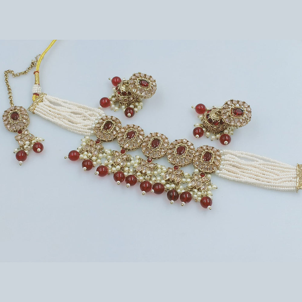 Rajwadi Collection Gold Plated Crystal Stone Pearl And Beads Choker Necklace Set