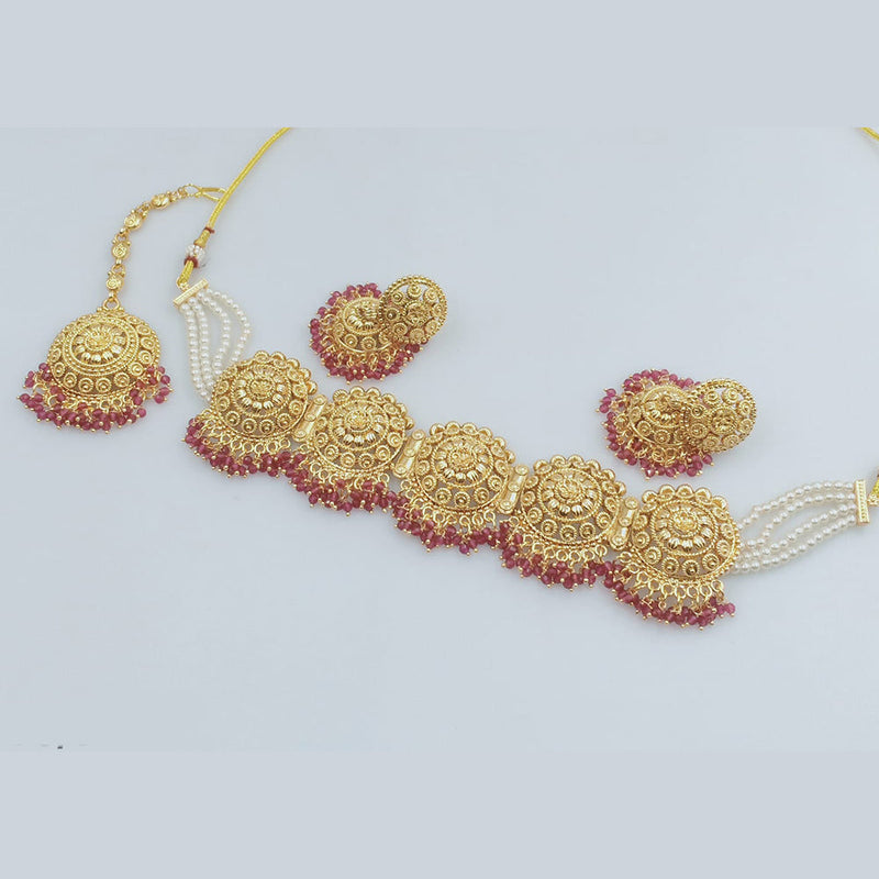 Rajwadi Collection Gold Plated Pota Stone And Pearl  Choker Necklace Set