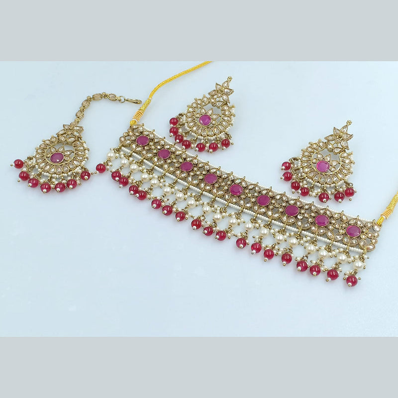 Rajwadi Collection Gold Plated Crystal Stone Pearl And Beads Choker Necklace Set