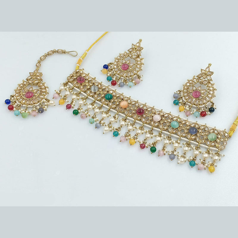 Rajwadi Collection Gold Plated Crystal Stone Pearl And Beads Choker Necklace Set