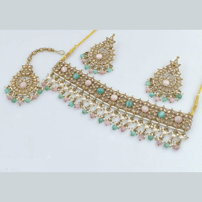 Rajwadi Collection Gold Plated Crystal Stone Pearl And Beads Choker Necklace Set