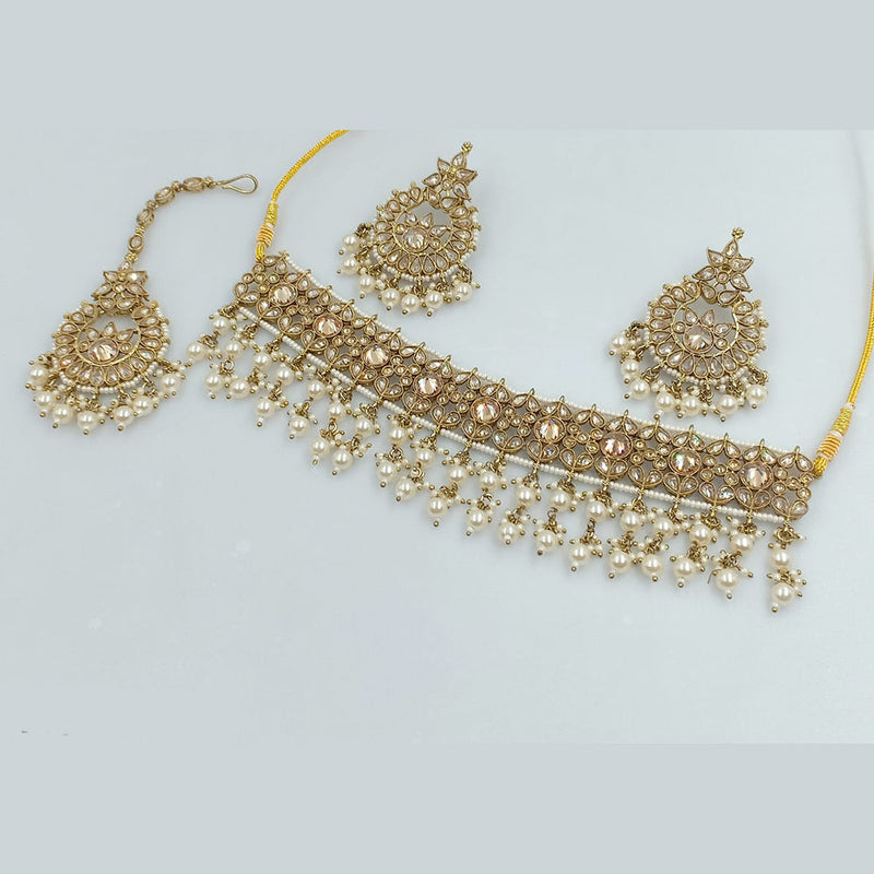 Rajwadi Collection Gold Plated Crystal Stone Pearl And Beads Choker Necklace Set