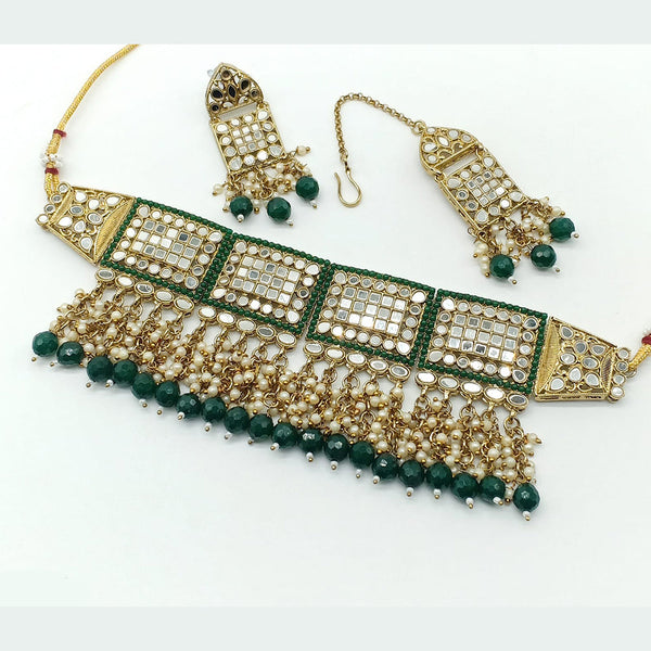 Rajwadi Collection Gold Plated Pearl Mirror And Beads  Choker Necklace Set