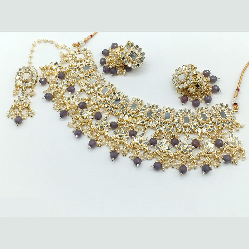 Rajwadi Collection Gold Plated Pearl Mirror And Beads  Choker Necklace Set