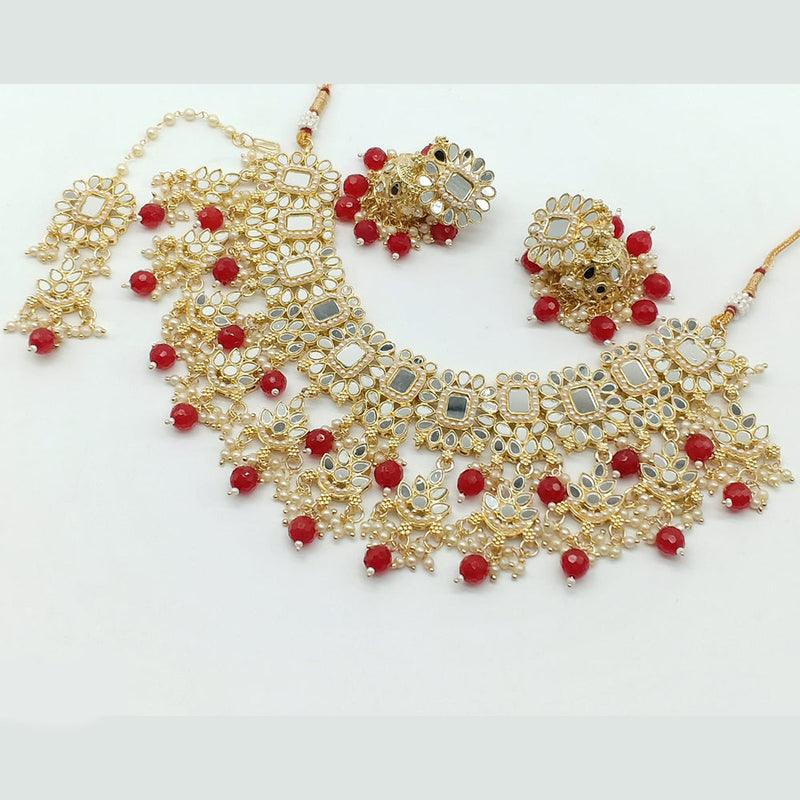 Rajwadi Collection Gold Plated Pearl Mirror And Beads  Choker Necklace Set