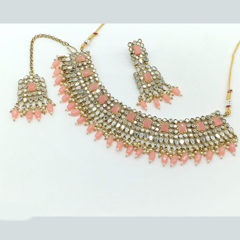 Rajwadi Collection Gold Plated Pearl Mirror And Beads Necklace Set