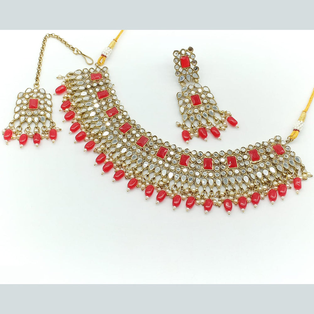 Rajwadi Collection Gold Plated Pearl Mirror And Beads Necklace Set