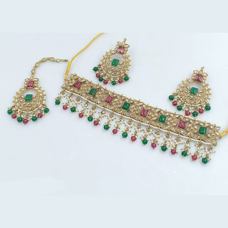 Rajwadi Collection Gold Plated Crystal Stone Pearl And Beads Choker Necklace Set