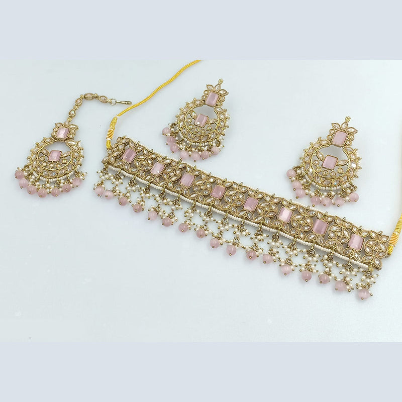 Rajwadi Collection Gold Plated Crystal Stone Pearl And Beads Choker Necklace Set