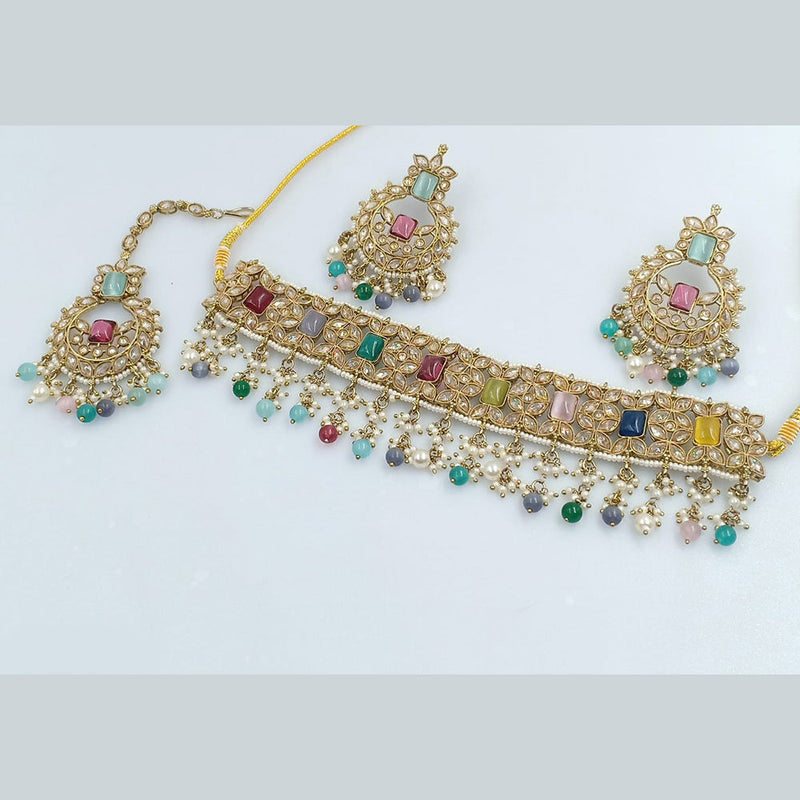 Rajwadi Collection Gold Plated Crystal Stone Pearl And Beads Choker Necklace Set