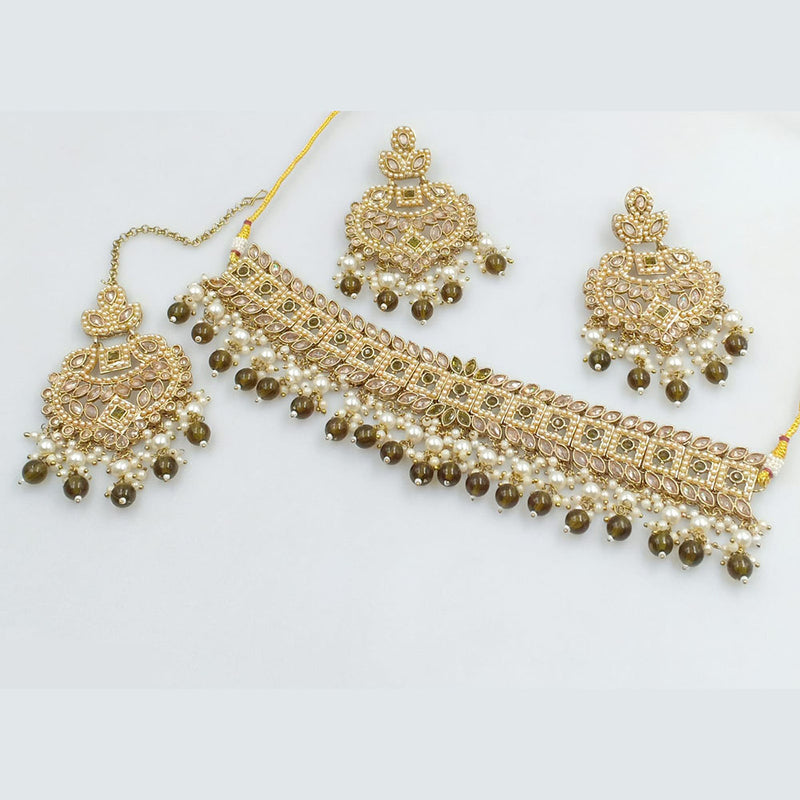 Rajwadi Collection Gold Plated Crystal Stone And Beads Choker  Necklace Set