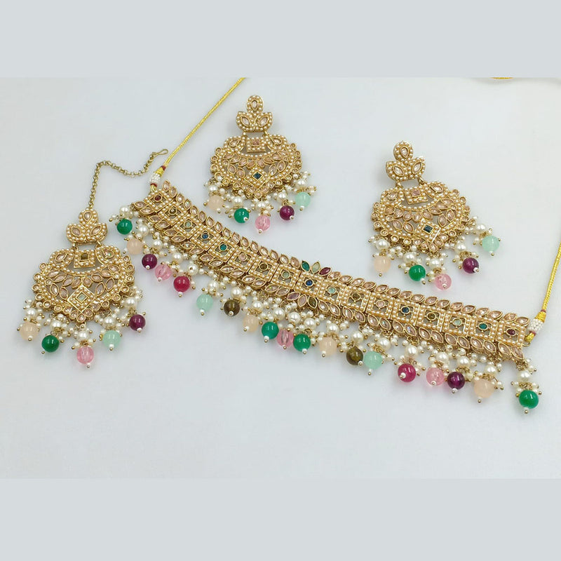 Rajwadi Collection Gold Plated Crystal Stone And Beads Choker  Necklace Set