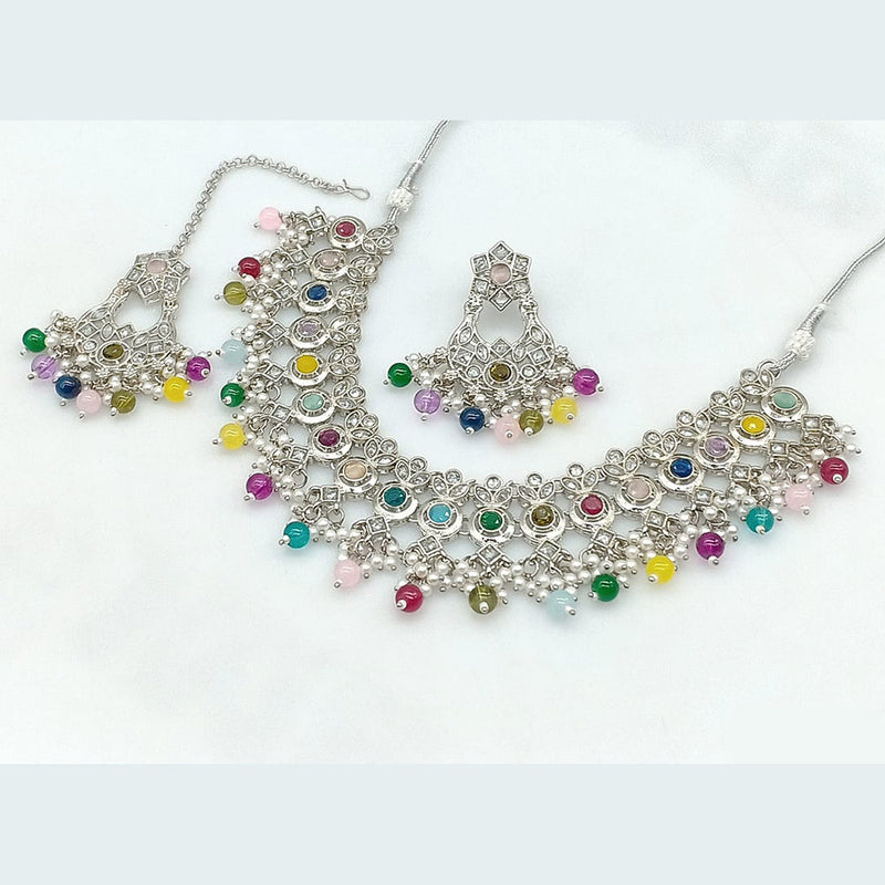 Rajwadi Collection Silver Plated Crystal Stone And Pearls Necklace Set