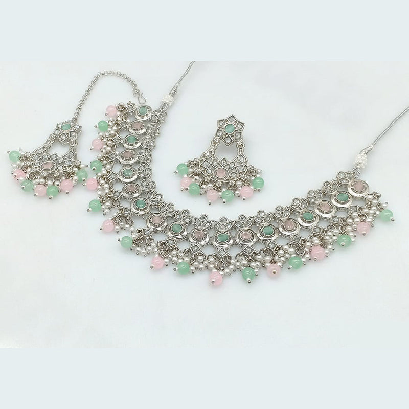 Rajwadi Collection Silver Plated Crystal Stone And Pearls Necklace Set