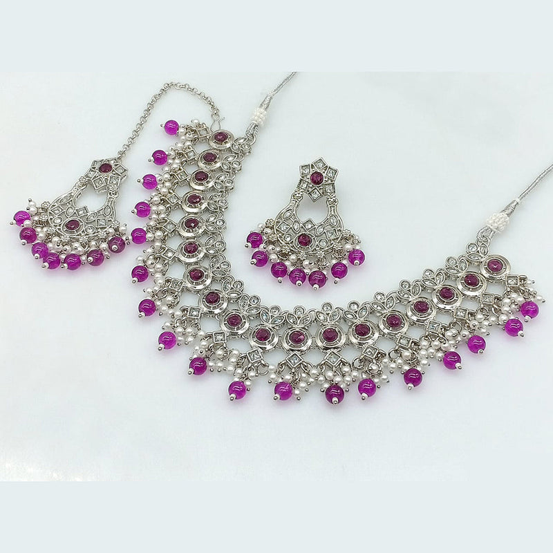 Rajwadi Collection Silver Plated Crystal Stone And Pearls Necklace Set