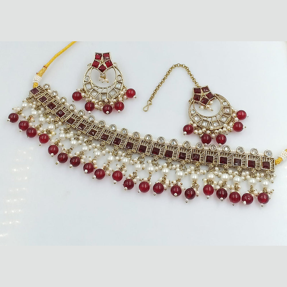 Rajwadi Collection Gold Plated Crystal Stone And Pearls Choker Necklace Set