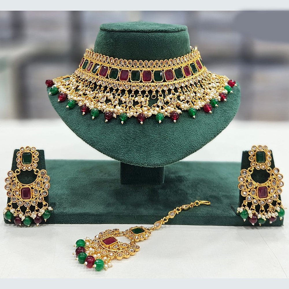 Rajwadi Collection Gold Plated Crystal Stone And Pearls Choker Necklace Set