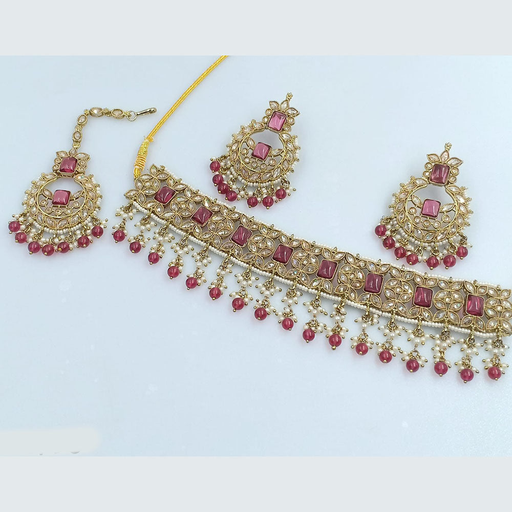 Rajwadi Collection Gold Plated Crystal Stone And Pearls Choker Necklace Set