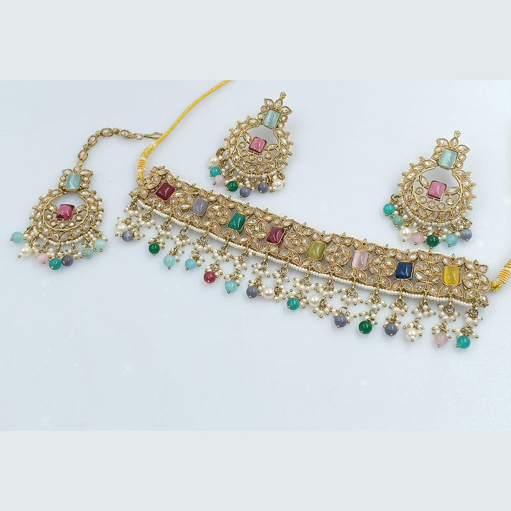 Rajwadi Collection Gold Plated Crystal Stone And Pearls Choker Necklace Set