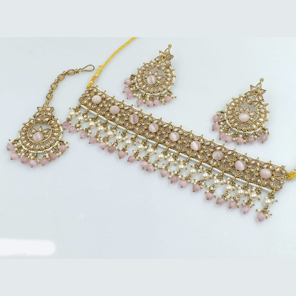 Rajwadi Collection Gold Plated Crystal Stone And Pearls Choker Necklace Set