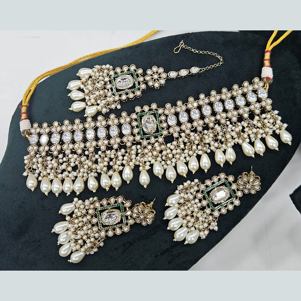 Rajwadi Collection Gold Plated Polki Kundan Stone And Pearls Choker Necklace Set