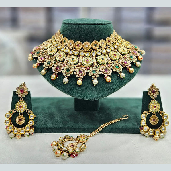 Rajwadi Collection Gold Plated Pota Stone And Pearls Choker Necklace Set