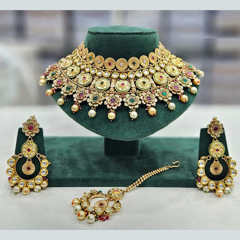 Rajwadi Collection Gold Plated Pota Stone And Pearls Choker Necklace Set